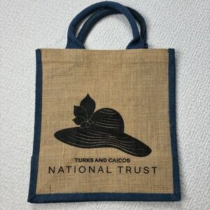 Turks and Caicos National Trust Jute Burlap Tote Bag Navy Blue Caribbean Beachy